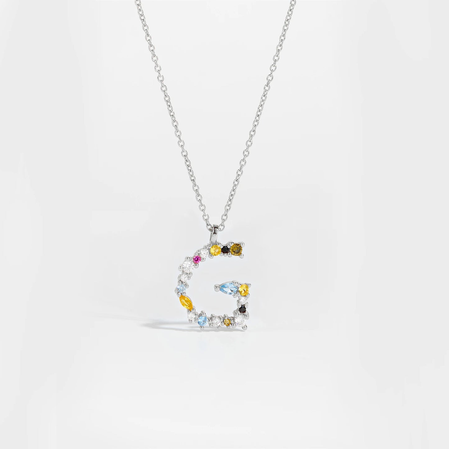 Colorful Crystal Initial Letter 925 Sterling Silver Necklace