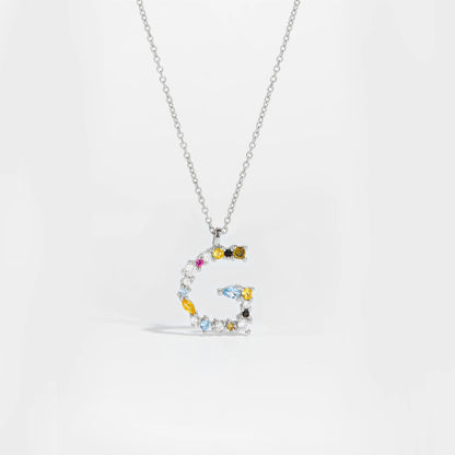 Colorful Crystal Initial Letter 925 Sterling Silver Necklace