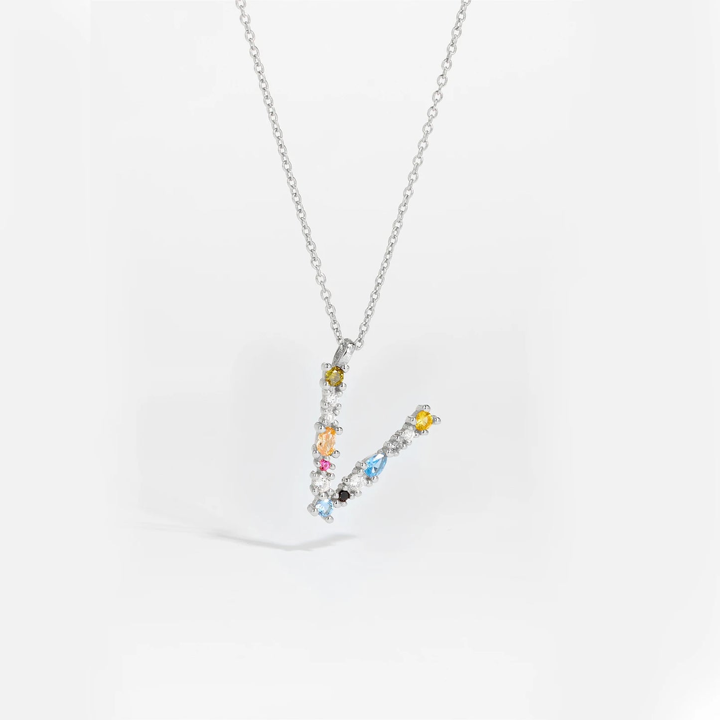 Colorful Crystal Initial Letter 925 Sterling Silver Necklace