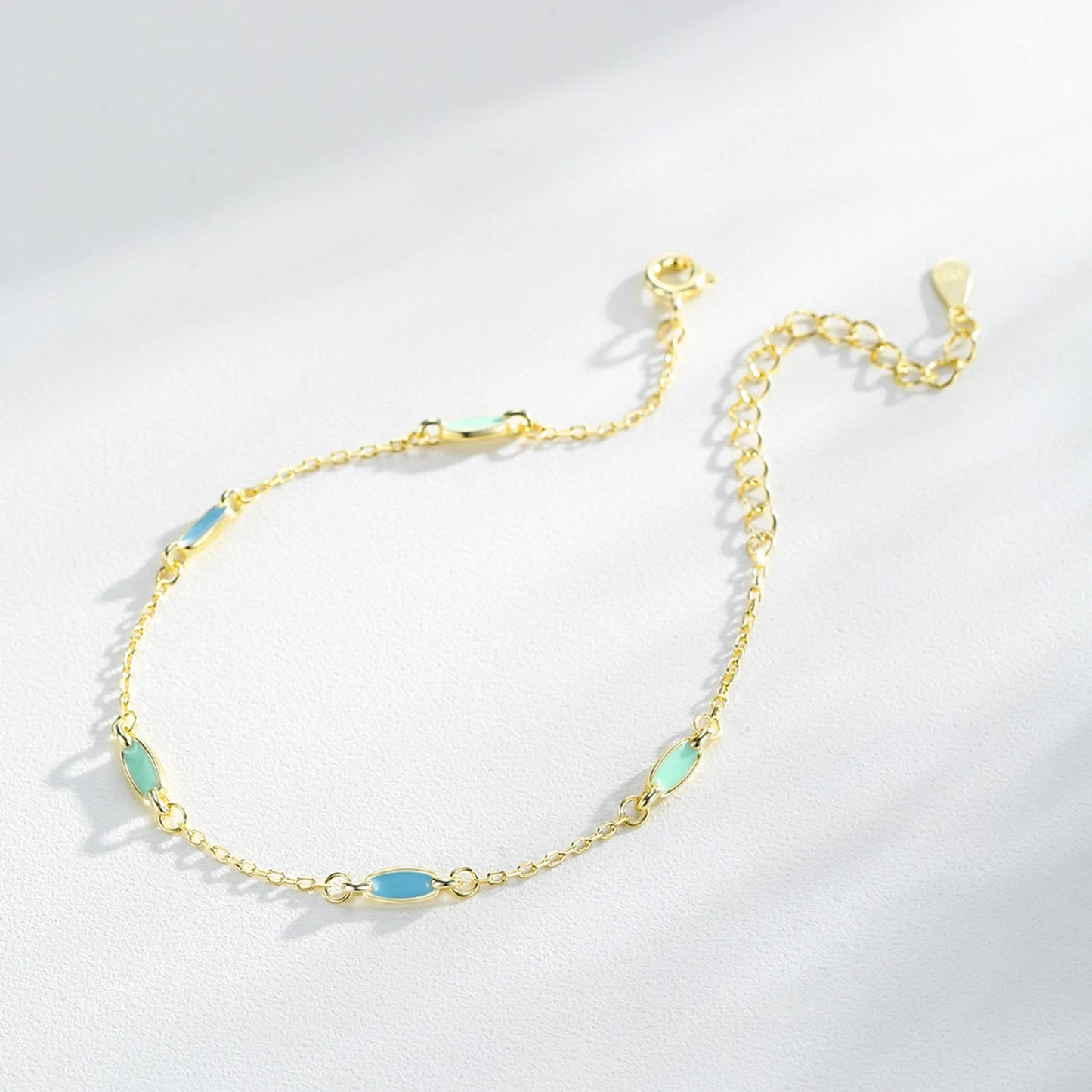 Blue Enamel Link Bracelet 925 Sterling Silver | Minimal Gold Adjustable Bracelet