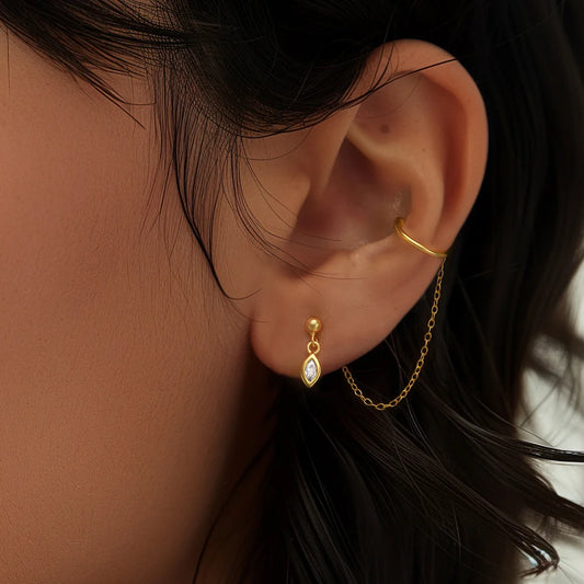 Golden Zircon Chain Earring & Ear Cuff – 925 Sterling Silver