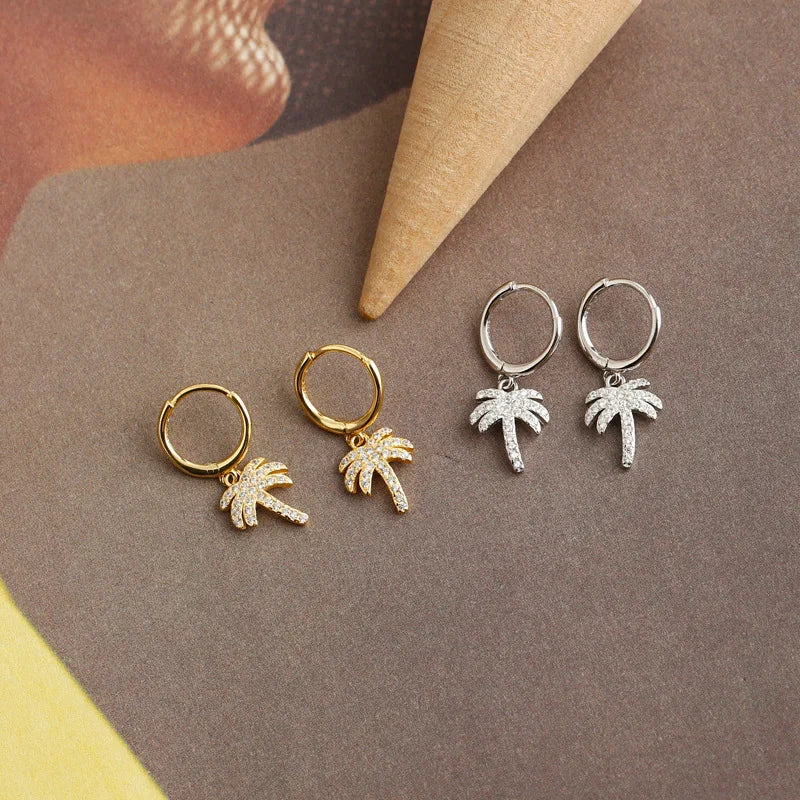 Palm Tree Zircon Hoop Earrings – 925 Sterling Silver