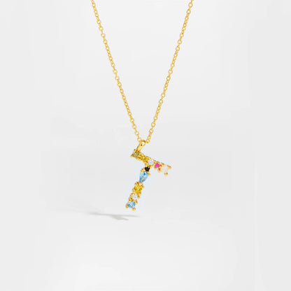 Colorful Crystal Initial Letter 925 Sterling Silver Necklace