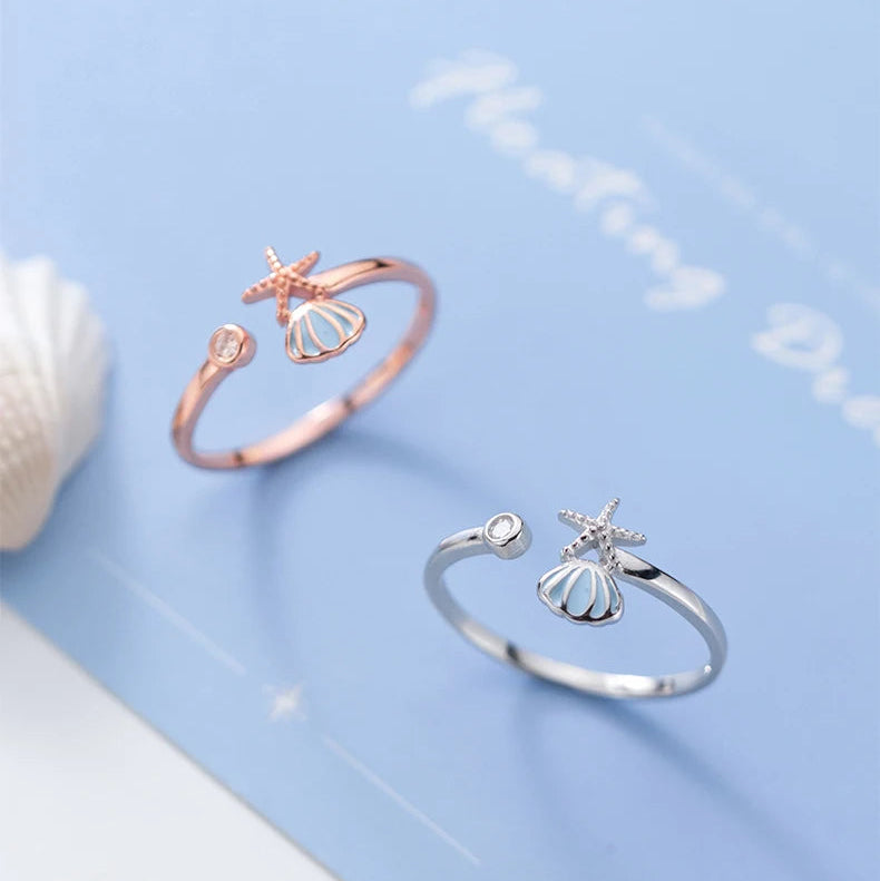 Cute Seashell Starfish 925 Sterling Silver Ring