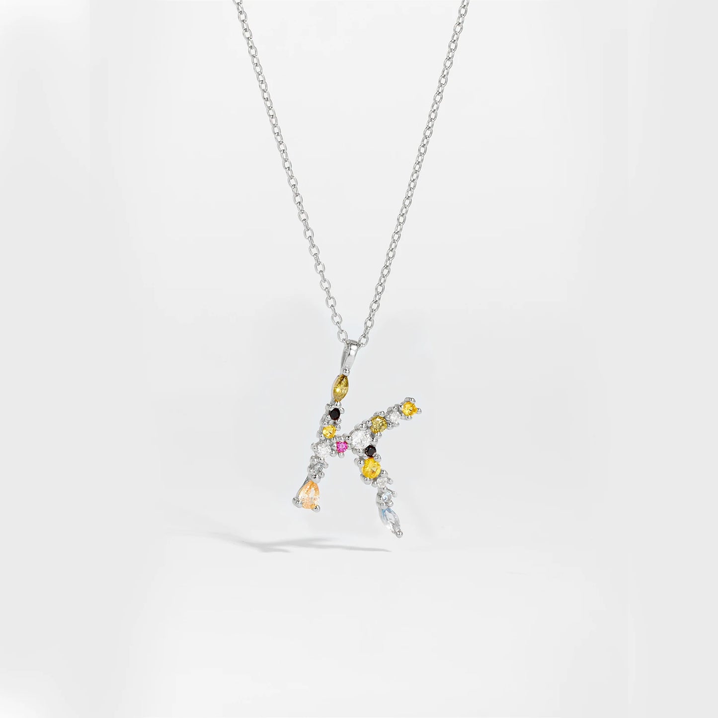Colorful Crystal Initial Letter 925 Sterling Silver Necklace
