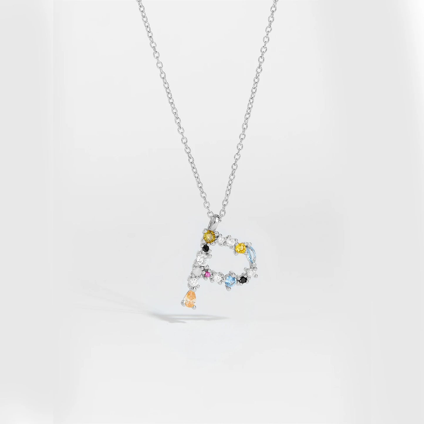 Colorful Crystal Initial Letter 925 Sterling Silver Necklace