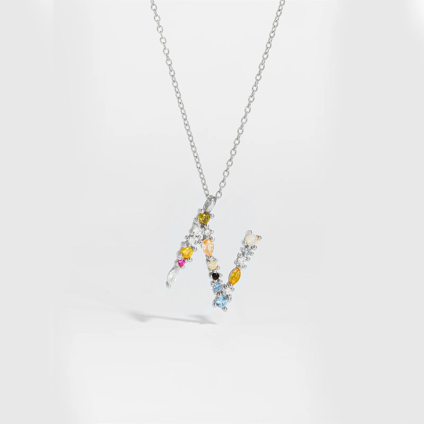 Colorful Crystal Initial Letter 925 Sterling Silver Necklace