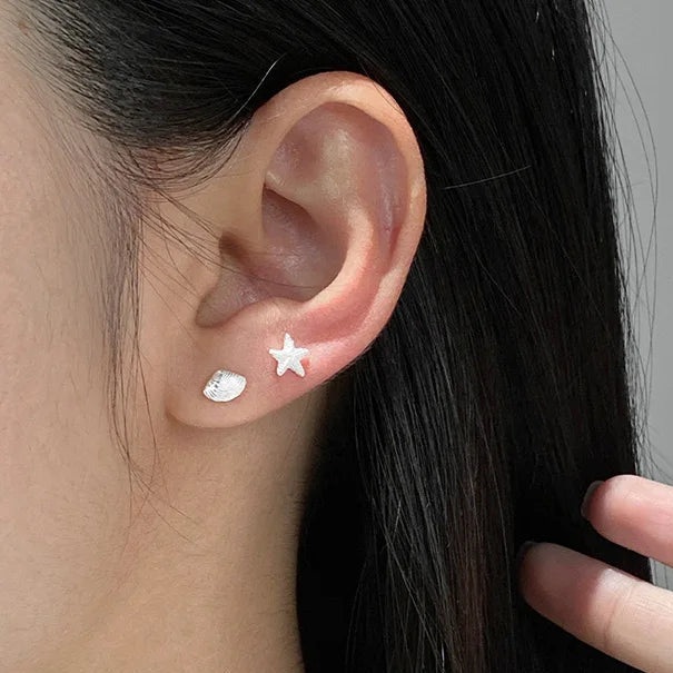 Silver Starfish & Shell Stud Earrings 925 Sterling Silver