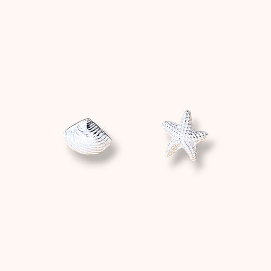 Silver Starfish & Shell Stud Earrings 925 Sterling Silver