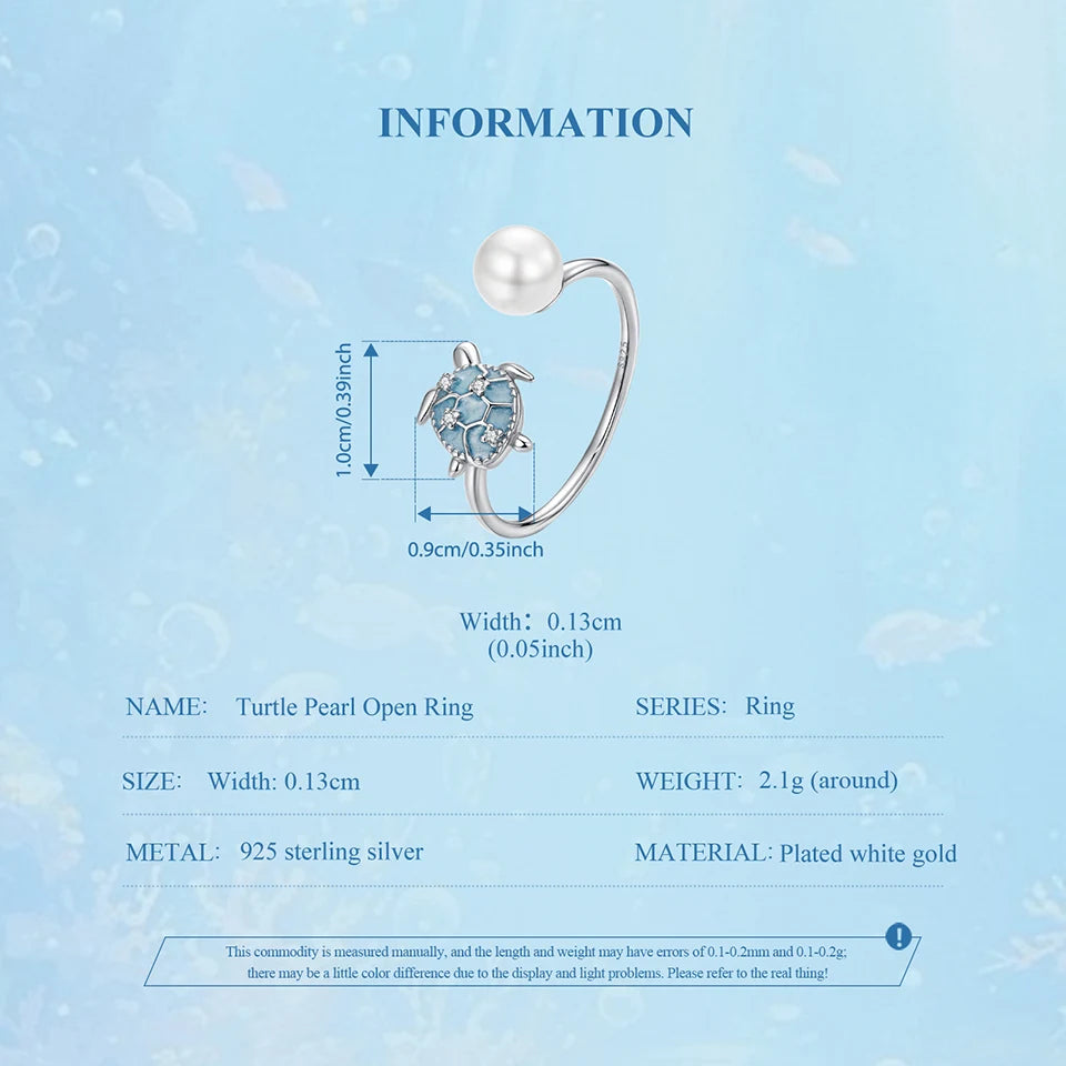 Turtle Pearl Open 925 Sterling Silver Ring | Ocean-Inspired Adjustable Ring