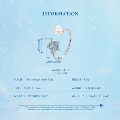 Turtle Pearl Open 925 Sterling Silver Ring | Ocean-Inspired Adjustable Ring