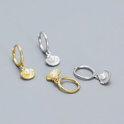 Shell Pearl Huggie Earrings – 925 Sterling Silver