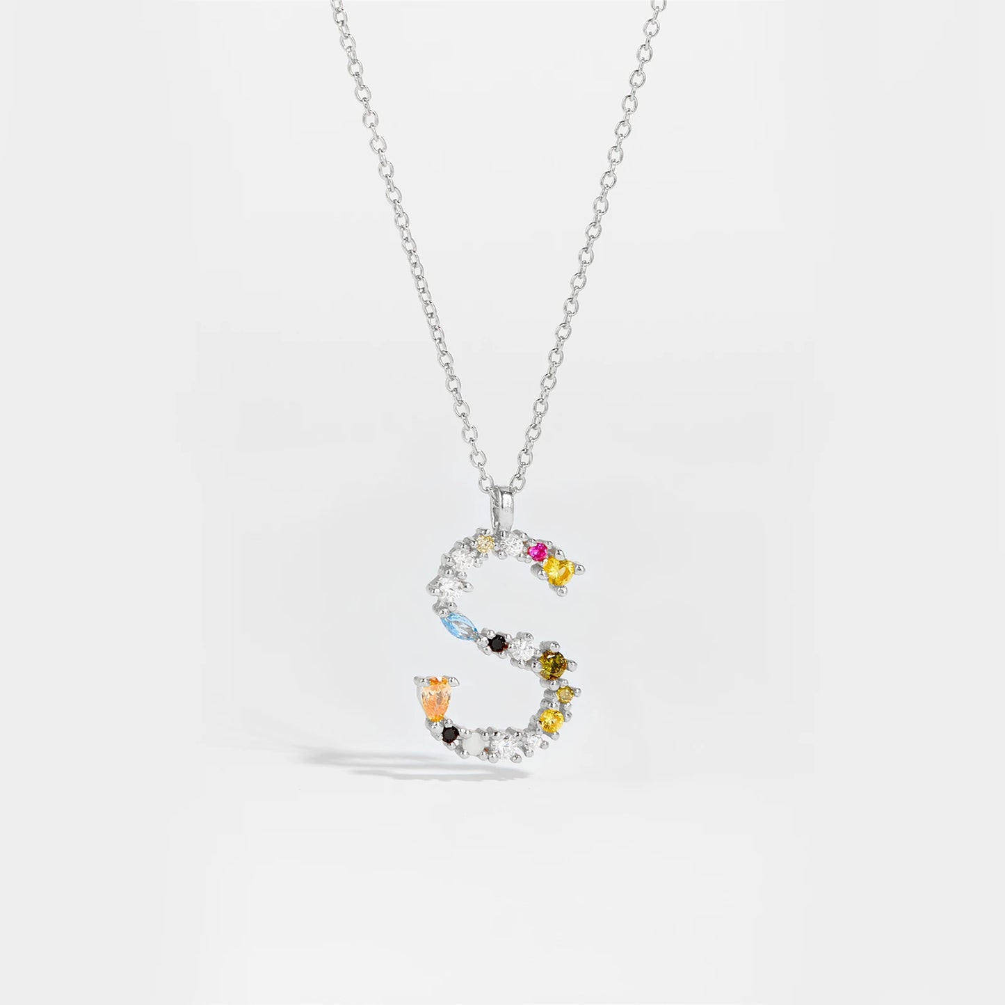 Colorful Crystal Initial Letter 925 Sterling Silver Necklace