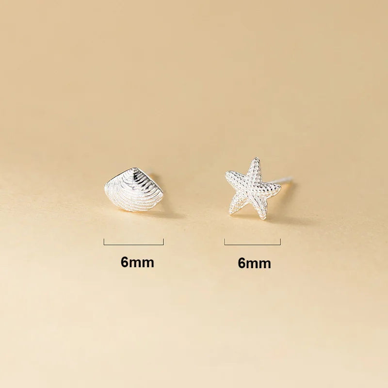 Silver Starfish & Shell Stud Earrings 925 Sterling Silver