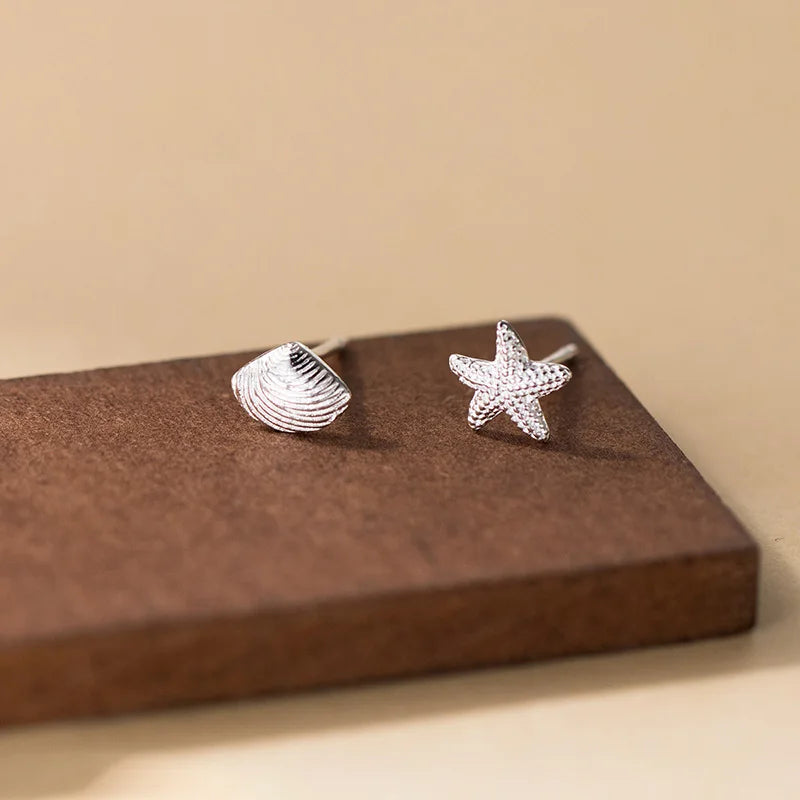 Silver Starfish & Shell Stud Earrings 925 Sterling Silver