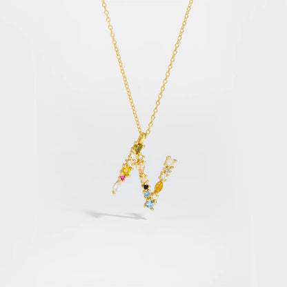 Colorful Crystal Initial Letter 925 Sterling Silver Necklace