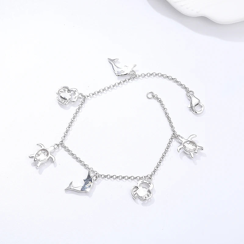 Ocean Opal Charm Bracelet – 925 Sterling Silver | Dolphin, Turtle & Crab Bracelet