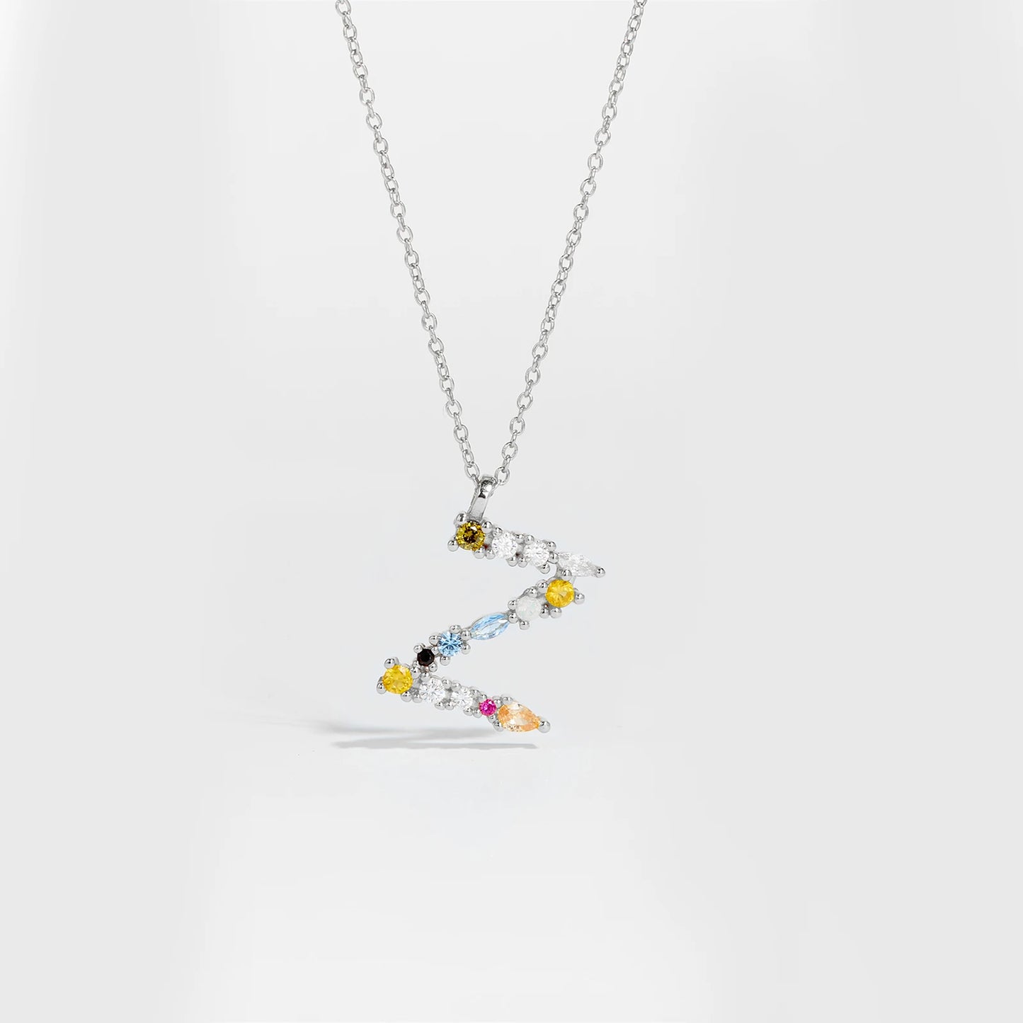 Colorful Crystal Initial Letter 925 Sterling Silver Necklace