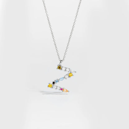 Colorful Crystal Initial Letter 925 Sterling Silver Necklace