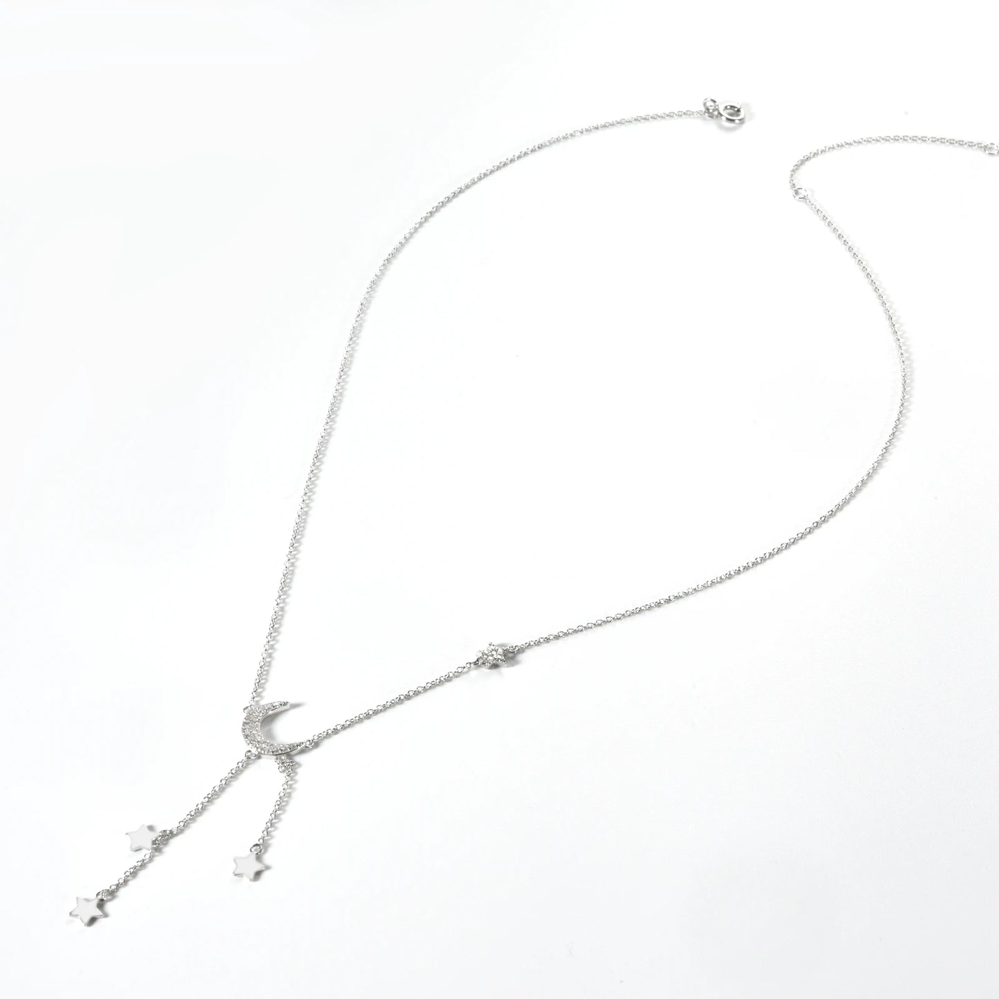 Moon & Stars Drop 925 Sterling Silver Necklace  Dainty Celestial Pendant