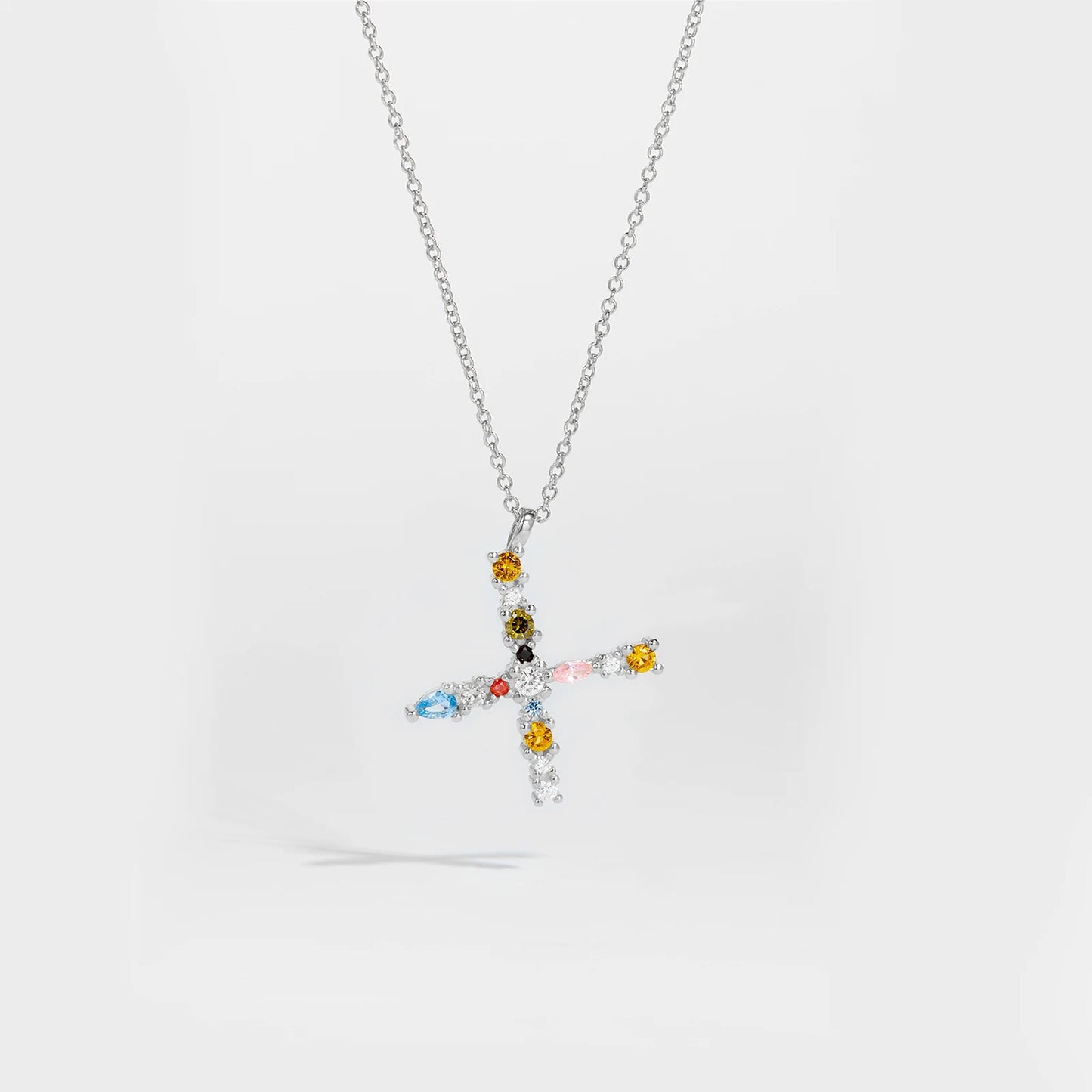 Colorful Crystal Initial Letter 925 Sterling Silver Necklace