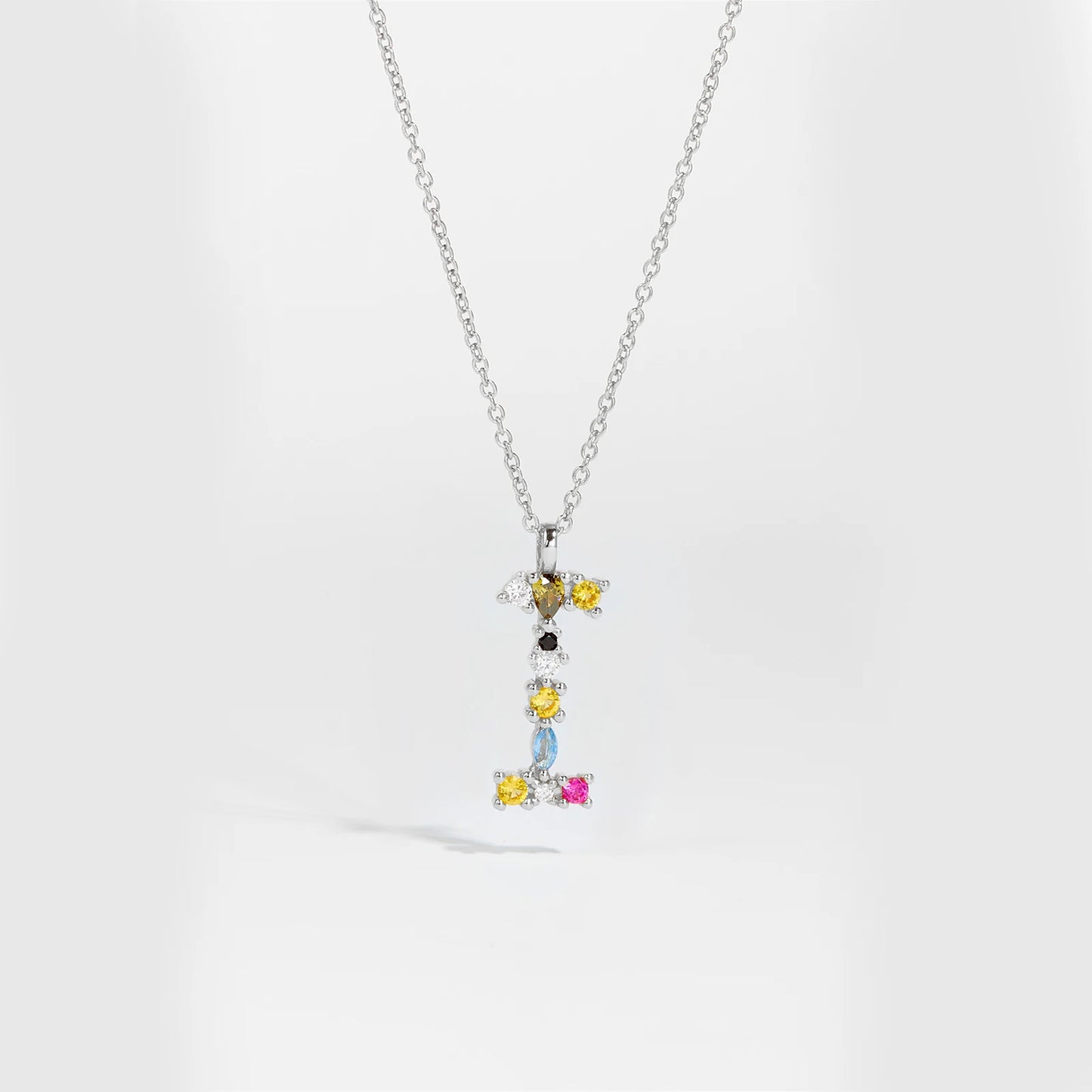 Colorful Crystal Initial Letter 925 Sterling Silver Necklace