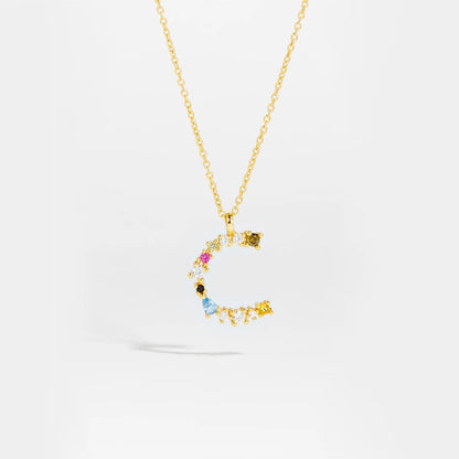 Colorful Crystal Initial Letter 925 Sterling Silver Necklace