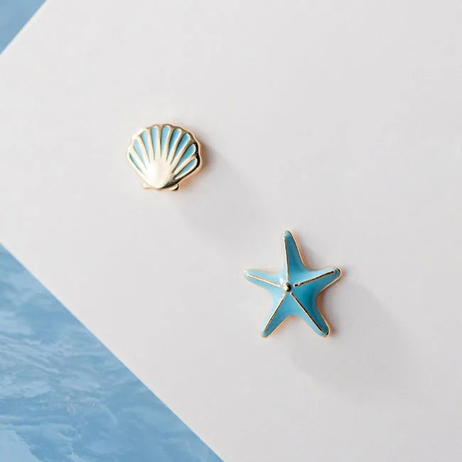 Starfish & Shell 925 Sterling Silver Stud Earrings