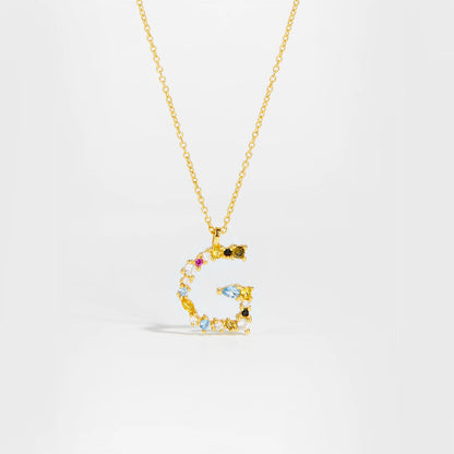 Colorful Crystal Initial Letter 925 Sterling Silver Necklace