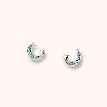 Moon & Star Zircon 925 Sterling Silver Stud Earrings