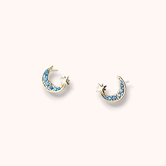 Moon & Star Zircon 925 Sterling Silver Stud Earrings