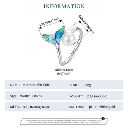 Mermaid Tail Pearl Open Adjustable 925 Sterling Silver Ring