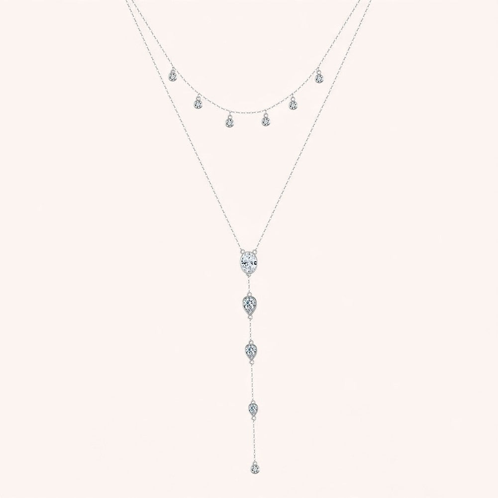 Layered Y Necklace 925 Sterling Silver | Cubic Zirconia Drop Necklace | Elegant Silver & Gold Layered Jewelry