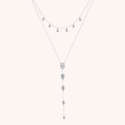 Layered Y Necklace 925 Sterling Silver | Cubic Zirconia Drop Necklace | Elegant Silver & Gold Layered Jewelry