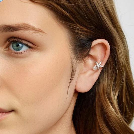 Starfish Pearl Ear Cuff: 925 Sterling Silver Clip-On Earring
