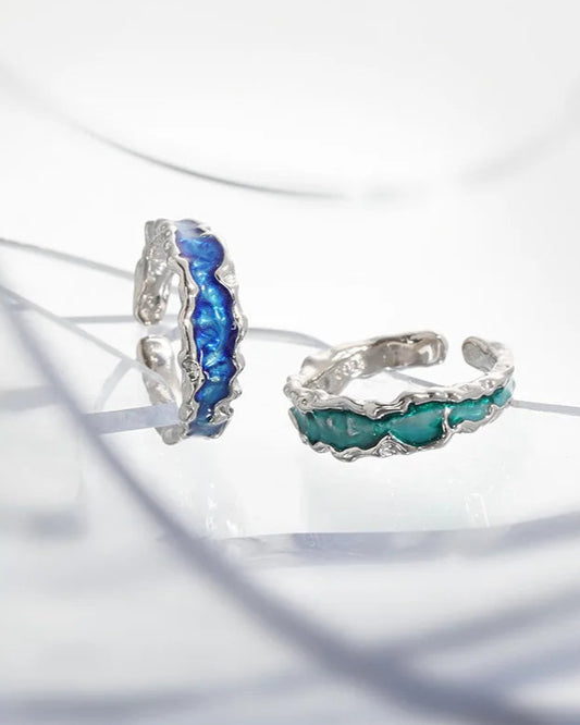 Enamel Wave 925 Sterling Silver Ring Ocean Blue & Green