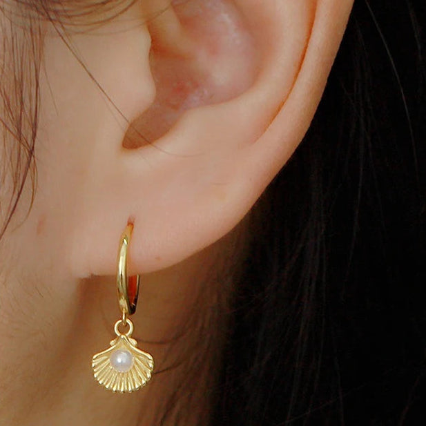 Shell Pearl Huggie Earrings – 925 Sterling Silver