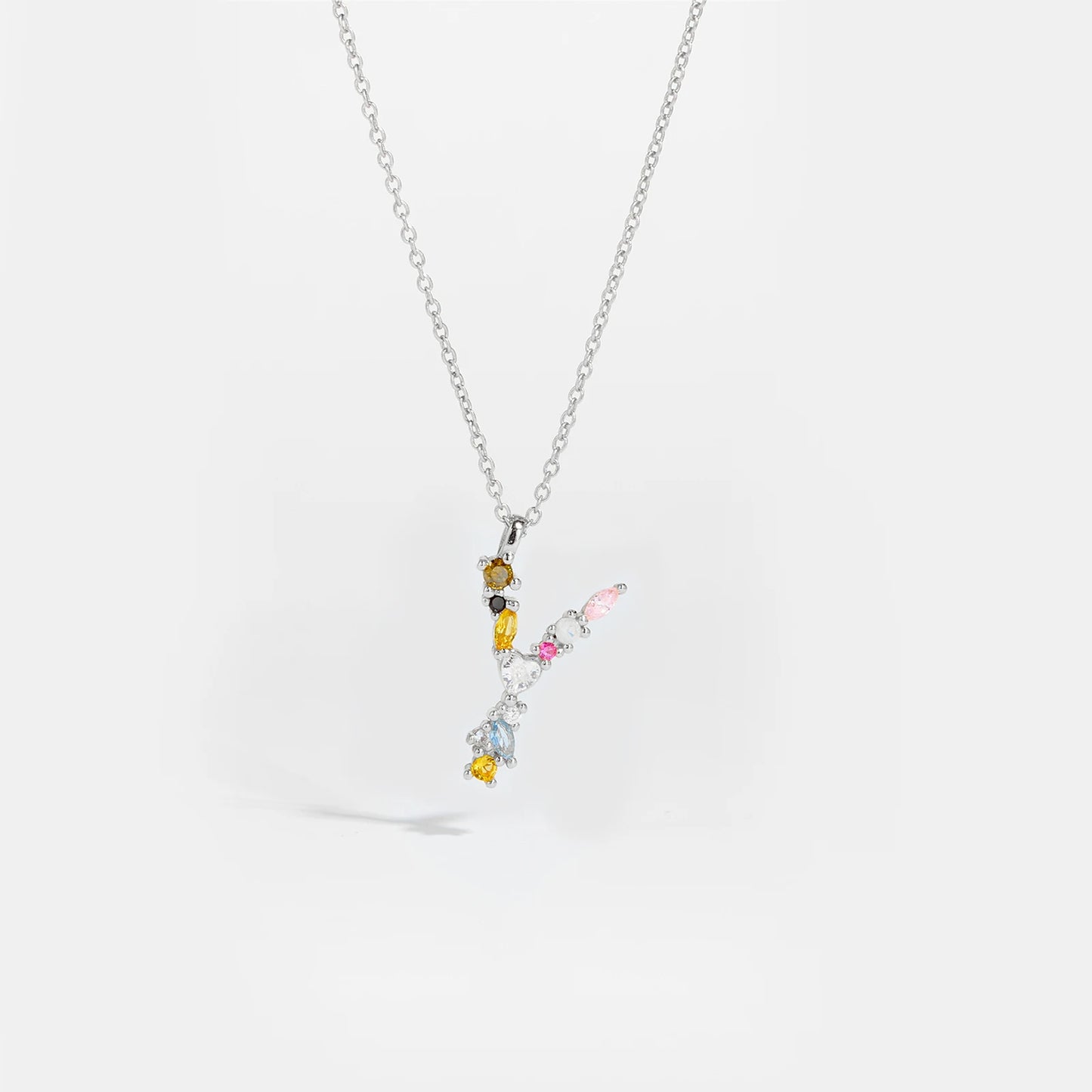 Colorful Crystal Initial Letter 925 Sterling Silver Necklace