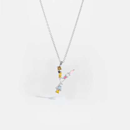 Colorful Crystal Initial Letter 925 Sterling Silver Necklace