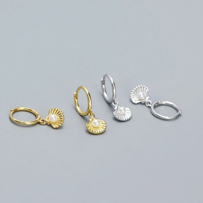 Shell Pearl Huggie Earrings – 925 Sterling Silver