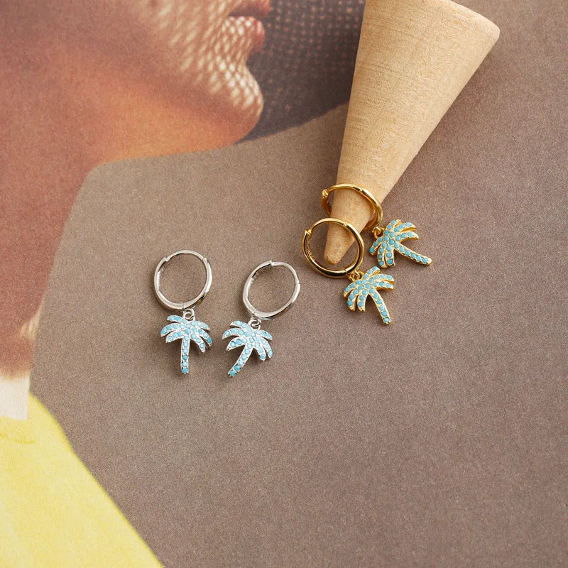Palm Tree Zircon Hoop Earrings – 925 Sterling Silver
