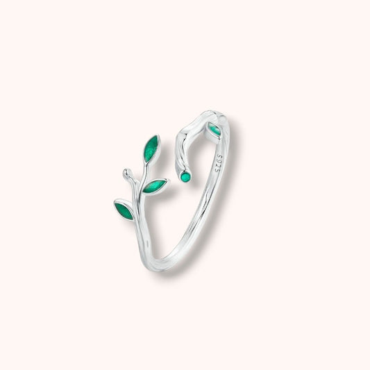 Green Enamel Branch Sterling Silver Ring - Adjustable