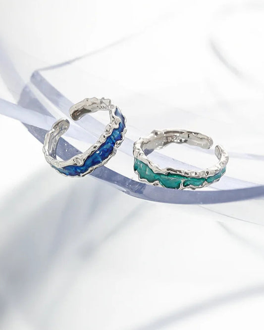 Enamel Wave 925 Sterling Silver Ring Ocean Blue & Green
