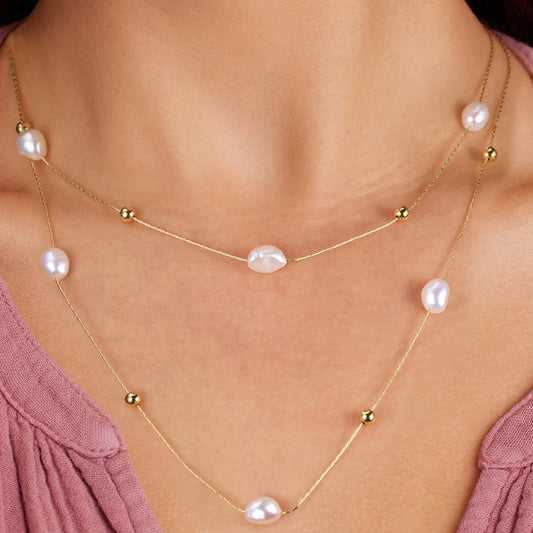 Layered Freshwater Pearl 925 Sterling Silver Necklace 14k Gold Plate