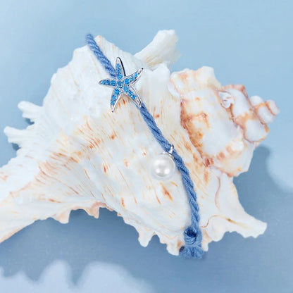 925 Sterling Silver Starfish & Pearl Hand Rope Bracelet