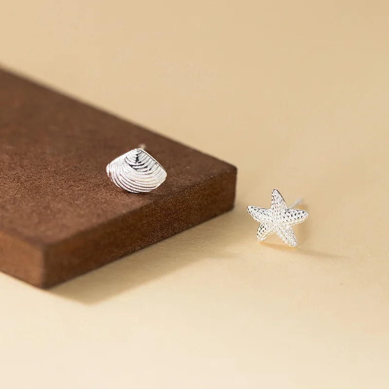 Silver Starfish & Shell Stud Earrings 925 Sterling Silver