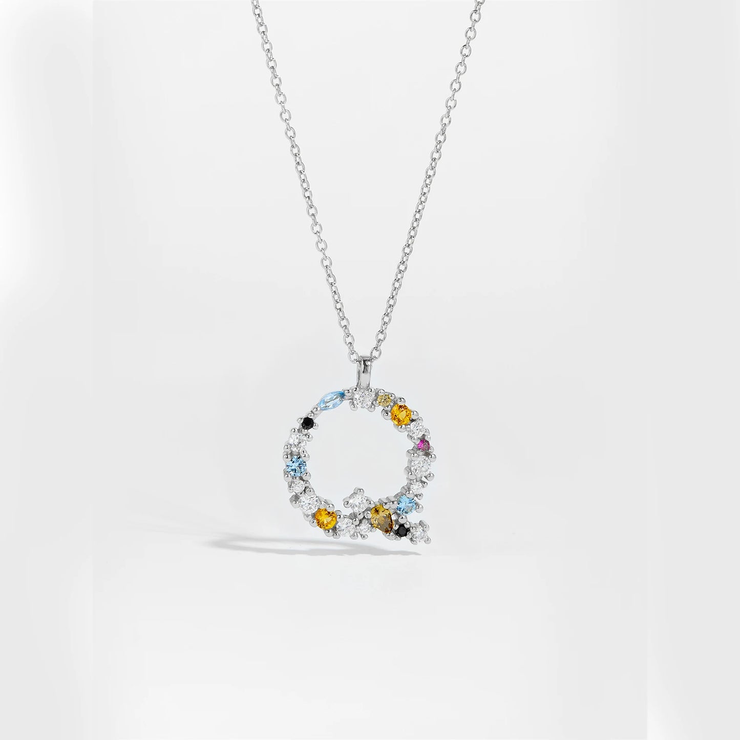 Colorful Crystal Initial Letter 925 Sterling Silver Necklace