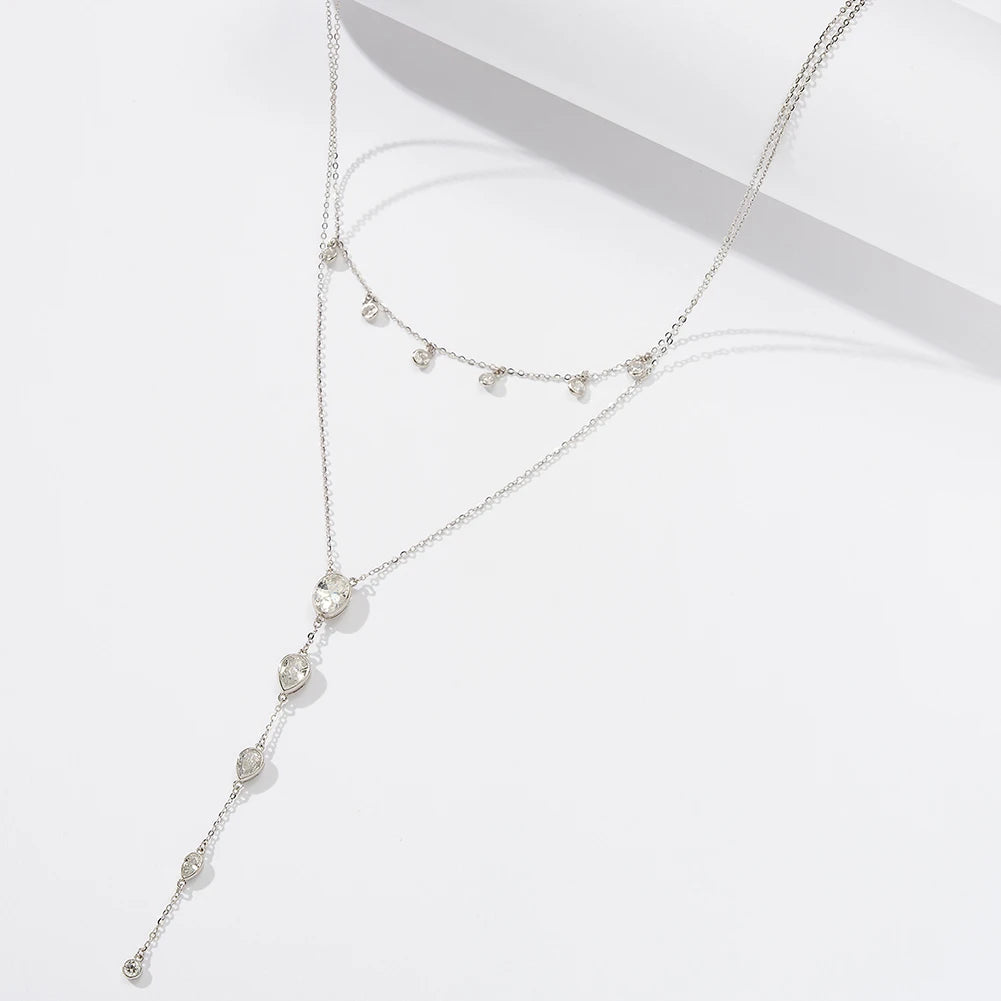 Layered Y Necklace 925 Sterling Silver | Cubic Zirconia Drop Necklace | Elegant Silver & Gold Layered Jewelry