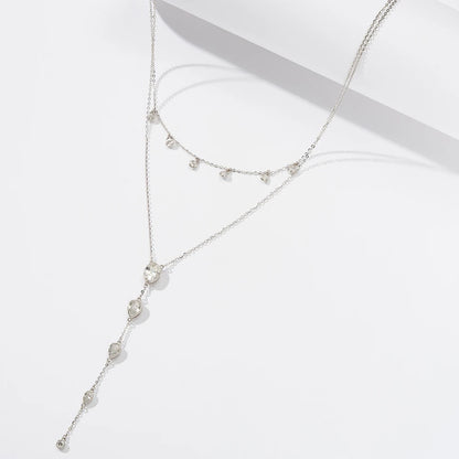 Layered Y Necklace 925 Sterling Silver | Cubic Zirconia Drop Necklace | Elegant Silver & Gold Layered Jewelry