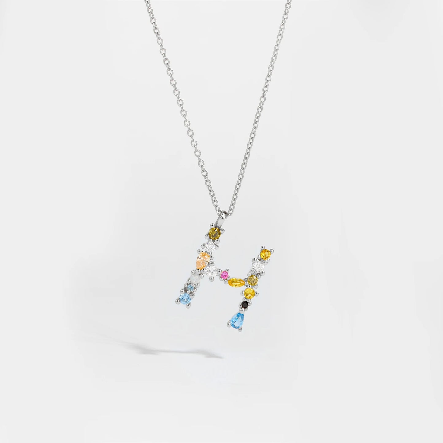 Colorful Crystal Initial Letter 925 Sterling Silver Necklace